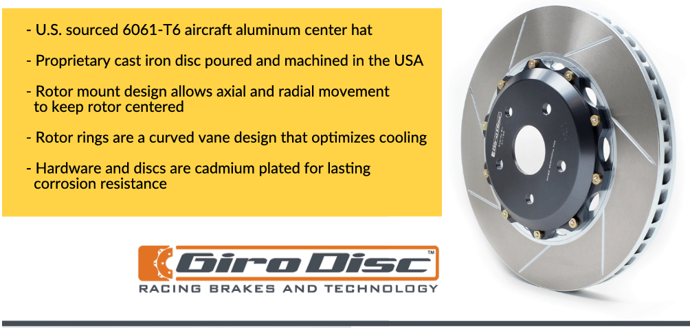 U.S. sourced 6061-T6 aircraft aluminum center hat.  Proprietary cast iron disc poured and machined in the USA. Rotor mount design allows axial and radial movement to keep rotor centered. Rotor rings are a curved vane design that optimizes cooling. Hardware and discs are cadmium plated for lasting corrosion resistance.