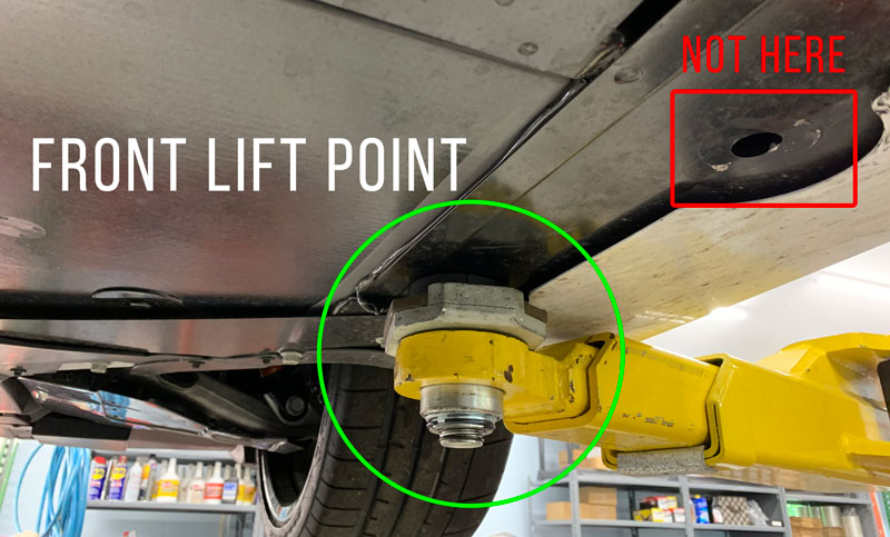 The correct FRONT lifting points for the C8 Corvette are located just behind the front wheels.